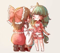 Rule 34 | 2girls, arinu, bare shoulders, barefoot, blush, bow, brown footwear, brown hair, closed eyes, closed mouth, cloud print, collared shirt, detached sleeves, green hair, grey background, hair bow, hair tubes, hakurei reimu, headpat, highres, horns, japanese clothes, kariyushi shirt, komano aunn, long hair, multiple girls, nontraditional miko, red bow, red shirt, red skirt, ribbon-trimmed sleeves, ribbon trim, shirt, shoes, short sleeves, shorts, sidelocks, simple background, single horn, skirt, smile, tail, touhou, valentine, white shorts, white sleeves, wide sleeves