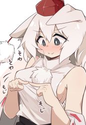 Rule 34 | 1girl, absurdres, animal ears, black eyes, blush, breasts, closed mouth, detached sleeves, hat, highres, inubashiri momiji, looking down, medium breasts, red hat, short hair, solo, tokin hat, touhou, upper body, wavy mouth, white background, white hair, wolf ears, yayuyoyayuyo