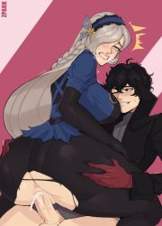 Rule 34 | 1boy, 1girl, absurdres, aged up, amamiya ren, artist name, ass, black eyes, black hair, blush, breasts, coat, cum, face to breasts, gloves, hair over one eye, hairband, hands on another&#039;s thighs, highres, large breasts, lavenza (persona 5), lips, long hair, messy hair, mole, mole under mouth, pantyhose, parted lips, penis, persona, persona 5, platinum blonde hair, red gloves, sex, short hair, spoilers, torn clothes, torn legwear, uncensored, yellow eyes, zpark