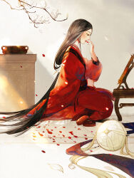 Rule 34 | 1girl, applying makeup, ball, black hair, branch, bud, chinese clothes, chinese commentary, from side, full body, hand up, hanfu, highres, indoors, lipstick, long hair, long sleeves, looking at mirror, low-tied long hair, makeup, mirror, on floor, original, petals, profile, puffy long sleeves, puffy sleeves, qfc-kiyoi, red lips, red robe, red theme, robe, sash, seiza, sitting, solo, tassel, very long hair, white footwear, wide sleeves