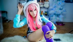 Rule 34 | 1girl, cosplay, hood, hoodie, lana rain, nitroplus, photo (medium), pink hair, smile, super sonico, super sonico (cosplay)