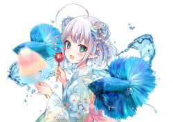 Rule 34 | 1girl, ahoge, blue eyes, candy apple, cotton candy, double bun, else (project blue), fish, food, fushimi sameta, hair bun, hair ornament, hands up, highres, holding, holding food, japanese clothes, kimono, looking at viewer, open mouth, pointy ears, project blue (vtuber), short hair, simple background, solo, upper body, virtual youtuber, water, white background, white hair