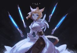 Rule 34 | 1girl, animal ears, blonde hair, cat ears, cat tail, dark background, final fantasy, final fantasy xiv, floating weapon, glowing, glowing weapon, highres, jacket, looking at viewer, miqo&#039;te, outstretched arm, sage (final fantasy), short hair, solo, tail, velahka, weapon