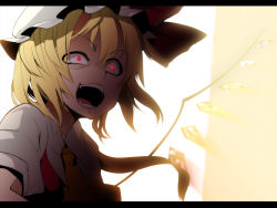 Rule 34 | 1girl, akanagi youto, anime coloring, backlighting, bad id, bad pixiv id, blonde hair, blood, bloody tears, crazy eyes, dress, embodiment of scarlet devil, fangs, female focus, flandre scarlet, hat, letterboxed, necktie, open mouth, red dress, red eyes, shirt, short hair, silhouette, solo, touhou, wings
