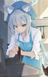 Rule 34 | 1girl, absurdres, animal ear fluff, animal ears, apron, blue apron, blue archive, blue eyes, blush, breasts, commentary request, cooking, cross hair ornament, extra ears, grey hair, hair ornament, halo, highres, long hair, medium hair, mismatched pupils, ningen gokko, shiroko (blue archive), solo, wolf ears