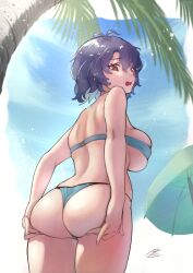Rule 34 | 1girl, antenna hair, ass, bikini, blue bikini, blue hair, blue sky, breasts, c (theta), commentary request, cowboy shot, dark blue hair, day, hands on own ass, highres, idolmaster, idolmaster million live!, large breasts, looking at viewer, looking back, looking down, median furrow, messy hair, outdoors, palm tree, parasol, red eyes, short hair, shoulder blades, skindentation, sky, solo, strapless, strapless bikini, swimsuit, toyokawa fuka, tree, umbrella, underboob, wavy mouth