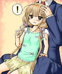 Rule 34 | !, 10s, 1boy, 1girl, blush, brown eyes, brown hair, dropping, flower, formal, futaba anzu, hair flower, hair ornament, hair ribbon, hand on another&#039;s head, head out of frame, idolmaster, idolmaster cinderella girls, long hair, low twintails, necktie, on lap, parted lips, producer (idolmaster), ribbon, sitting, size difference, skirt, suit, tsukiya akina, twintails
