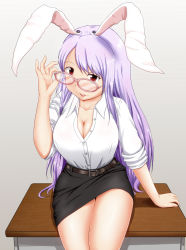 Rule 34 | 1girl, adjusting eyewear, animal ears, bespectacled, breasts, cleavage, desk, female focus, glasses, large breasts, long hair, mimofu (fullhighkick), mimohu, miniskirt, purple hair, rabbit ears, red eyes, reisen udongein inaba, school desk, shirt, simple background, sitting, skirt, solo, taut clothes, taut shirt, touhou