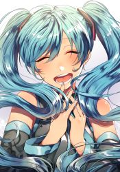 Rule 34 | 1girl, :d, ^ ^, bare shoulders, blue hair, blue nails, blue necktie, blush, close-up, closed eyes, detached sleeves, eyelashes, eyes visible through hair, fingernails, floating hair, gradient background, grey background, grey shirt, hatsune miku, highres, interlocked fingers, long hair, nail polish, necktie, open mouth, pakkuncho, shirt, simple background, sleeveless, sleeveless shirt, smile, solo, teeth, twintails, upper body, very long hair, vocaloid, white background