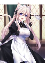 1girl, ahoge, animal ears, bangs, blonde hair, blurry, blurry background, blush, cat ears, cat tail, dated, dress, fingerless gloves, frills, gloves, hair between eyes, indoors, konshin, long hair, long sleeves, looking at viewer, maid, maid headdress, open mouth, original, puffy long sleeves, puffy sleeves, purple eyes, signature, solo, tail, twintails, v