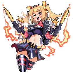 1girl absurdres belt belt_buckle black_jacket black_skirt black_tube_top blonde_hair blush breasts buckle burnice_white cleavage crop_top eyewear_on_head fire flamethrower hair_ornament highres holding holding_flamethrower holding_weapon jacket kaatokun one_eye_closed orange-tinted_eyewear red-tinted_eyewear red_eyes skirt sleeveless_turtleneck_shirt smile spiked_belt spiked_jacket strapless sunglasses teeth thighhighs tinted_eyewear tongue tube_top twintails weapon zenless_zone_zero