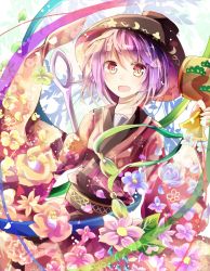 Rule 34 | 1girl, azumamutuki, bad id, bad pixiv id, bowl, crescent, flower, highres, japanese clothes, kimono, leaf, leaf background, light purple hair, looking at viewer, mallet, needle, open mouth, red eyes, short hair, solo, sukuna shinmyoumaru, touhou