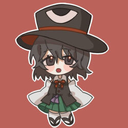 Rule 34 | 1other, androgynous, artist request, bare shoulders, black coat, black eyes, black footwear, black hair, black hat, blush stickers, bow, bowtie, buttons, chibi, coat, collared shirt, detached sleeves, enraku tsubakura, eye of senri, eyelashes, geta, green hakama, green skirt, hakama, hakama short skirt, hakama skirt, hat, japanese clothes, len&#039;en, long sleeves, looking at viewer, medium hair, non-web source, open mouth, other focus, outline, red background, red bow, red bowtie, red hat, shirt, skirt, sleeveless, sleeveless coat, sleeves past fingers, sleeves past wrists, socks, solo, source request, tabi, top hat, two-sided fabric, two-sided headwear, white outline, white shirt, white sleeves, white socks, wide sleeves