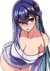Rule 34 | 1girl, bazooka cat, black hair, blush, breasts, cleavage, collarbone, cowboy shot, dress, earrings, forcas, hair ornament, highres, jewelry, large breasts, long hair, long sleeves, looking at viewer, multicolored hair, naked sweater, off shoulder, open mouth, phantom of the kill, purple eyes, ribbed dress, ribbed sweater, solo, sweater, sweater dress, two-tone hair