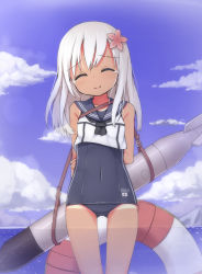 Rule 34 | 10s, 1girl, arms behind back, blonde hair, blue sky, closed eyes, cloud, covered navel, crop top, day, hair ornament, happy tears, hassai, head tilt, innertube, kantai collection, long hair, ro-500 (kancolle), school swimsuit, school uniform, serafuku, sky, smile, solo, swim ring, swimsuit, swimsuit under clothes, tan, tanline, tears, thighs, torpedo, white hair