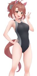 Rule 34 | 1girl, :d, absurdres, animal ears, black one-piece swimsuit, bow, breasts, brown eyes, brown hair, checkered ribbon, competition swimsuit, dantsu flame (umamusume), ear covers, ear ribbon, highres, horse ears, horse girl, horse tail, irasutodog, medium breasts, one-piece swimsuit, open mouth, simple background, smile, solo, standing, swimsuit, tail, umamusume, white background