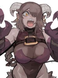 1girl 33dot animal_ears blonde_hair body_freckles breasts brown_hair freckles gloves goat_horns goat_tail hair_over_one_eye highres holding horizontal_pupils horns jewelry jingle_bell_earrings krampus_(33dot) large_breasts long_hair long_sleeves looking_at_viewer open_mouth original short_hair signpost simple_background solo spoken_expression tail underwear white_background yellow_eyes