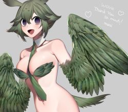 Rule 34 | 1girl, alternate hair color, artist name, between breasts, breasts, commentary, commission, detached collar, empty eyes, english commentary, english text, feathered wings, feathers, green feathers, green hair, green necktie, green wings, harpy, heart, ishuzoku reviewers, looking at viewer, medium breasts, mimilo, monster girl, navel, necktie, necktie between breasts, nude, open mouth, owl girl, purple eyes, short hair, simple background, skeb commission, solo, tail, w o w0, winged arms, wings