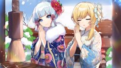 Rule 34 | 2girls, absurdres, ayaka (genshin impact), bare tree, blonde hair, blue eyes, blue hair, blue sky, blunt bangs, closed eyes, closed mouth, commentary, day, floral print, flower, fur collar, genshin impact, hair between eyes, hair flower, hair ornament, hair ribbon, highres, japanese clothes, kimono, looking at viewer, lumine (genshin impact), mole, mole under eye, multiple girls, obi, official art, open mouth, outdoors, own hands together, praying, red flower, ribbon, rope, sash, shrine, sky, smile, snow, sparkle, tassel, tree, white flower, wide sleeves