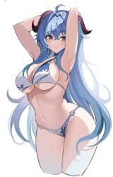 Rule 34 | 1girl, ahoge, armpits, arms behind head, arms up, bikini, blue hair, breasts, brown eyes, commentary, cropped legs, ganyu (genshin impact), genshin impact, hair intakes, horns, komuer, large breasts, long hair, looking at viewer, navel, o-ring, o-ring bikini, simple background, solo, standing, stomach, swimsuit, symbol-only commentary, thighs, very long hair, white background, white bikini