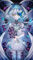 Rule 34 | 1girl, angel, angel wings, black background, blue butterfly, blue light, bug, butterfly, chocolate4170615, dress, flower, head wings, highres, insect, long hair, multiple wings, original, parted lips, purple flower, seraph, smile, solo, teeth, thighhighs, tiara, white dress, white hair, wings, yellow eyes