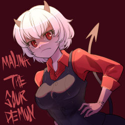 Rule 34 | 1girl, breasts, character name, closed mouth, collared shirt, demon girl, demon horns, demon tail, esoul, hands on own hips, helltaker, highres, horns, large breasts, looking at viewer, malina (helltaker), messy hair, red eyes, red shirt, shirt, short hair, solo, tail, waistcoat, white hair