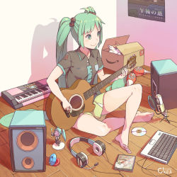 Rule 34 | 1girl, acoustic guitar, ahoge, animal, artist name, bare legs, barefoot, black shirt, box, cable, cardboard box, castanets, cat, cd, cloba (daeniel811015), closed mouth, collared shirt, computer, copyright name, cover, cube, figure, full body, green eyes, green hair, green skirt, guitar, hatsune miku, headphones, headphones removed, in box, in container, indian style, indoors, instrument, keyboard (instrument), laptop, long hair, matching hair/eyes, microphone, miniskirt, music, peeking, peeking out, plaid, playing instrument, plectrum, poster (object), rattle, shirt, short sleeves, sitting, skirt, smile, solo, speaker, spread legs, vocaloid, whiskers, wing collar, wooden floor