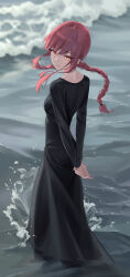 Rule 34 | 1girl, absurdres, arms behind back, beach, black dress, braid, braided ponytail, chainsaw man, closed mouth, dress, highres, long dress, long hair, looking at viewer, ly 7317, makima (chainsaw man), ocean, red eyes, red hair, ringed eyes, sand, solo, water
