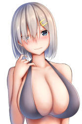 Rule 34 | 1girl, bikini, blue eyes, breasts, eyes visible through hair, hair ornament, hair over one eye, hairclip, halterneck, hamakaze (kancolle), huge breasts, kantai collection, large breasts, looking at viewer, short hair, silver hair, simple background, solo, swimsuit, tapisuke, white background