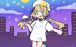 Rule 34 | 1girl, absurdres, beret, blonde hair, blue eyes, character name, commentary request, copyright name, copyright notice, floating hair, hat, highres, jelee-chan, jellyfish, long hair, low twintails, night, night sky, no humans, official art, open mouth, shirt, short sleeves, sketch, sky, solo, star (symbol), twintails, umituki yoru, white hair, white shirt, yoru no kurage wa oyogenai