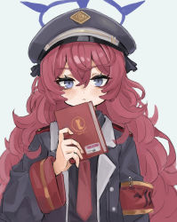 Rule 34 | 1girl, black jacket, blue archive, blue eyes, book, closed mouth, crossed bangs, curly hair, dot nose, expressionless, facing viewer, hair between eyes, halo, hat, highres, holding, holding book, inuinununununu, iroha (blue archive), jacket, light blue background, long hair, long sleeves, looking at viewer, military, military hat, military jacket, military uniform, red hair, simple background, solo, uniform, upper body