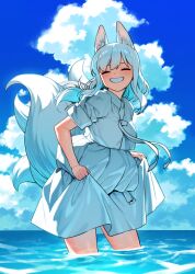 Rule 34 | 1girl, ^ ^, animal ears, blue sky, blush, cafe92, closed eyes, cloud, facing viewer, fox ears, fox girl, fox tail, grin, hanbok, horangi deureowayo, kitsune, korean clothes, kyuubi, multiple tails, outdoors, seolhwa (horangi deureowayo), shirt, short sleeves, skirt, skirt hold, sky, sleeves rolled up, smile, solo, tail, wading, white hair, white shirt, white skirt