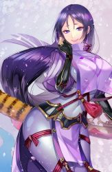 Rule 34 | 1girl, breasts, curvy, covered erect nipples, fate/grand order, fate (series), fingerless gloves, gloves, large breasts, long hair, looking at viewer, matsurika youko, minamoto no raikou (fate), purple eyes, purple hair, sideboob, solo, thighs, very long hair, wide hips