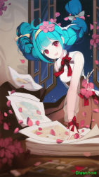 Rule 34 | 1girl, aqua hair, blue hair, bow, bowtie, braid, breasts, brush, collar, commentary request, drawshow, dress, flower, hair flower, hair ornament, hatsune miku, highres, holding, holding brush, long hair, long sleeves, looking at viewer, night, open mouth, paper, petals, pink flower, red bow, red bowtie, red eyes, remilia scarlet, ribbon, see-through, sky, smile, solo, star (sky), starry sky, teeth, touhou, twin braids, vocaloid, window