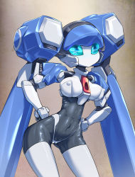 Rule 34 | 1girl, blazermate, blue eyes, breasts, cameltoe, cleavage, female focus, hands on own hips, humanoid robot, long hair, medarot, navel, no humans, no mouth, pochincoff, robot, solo, thighhighs, very long hair