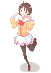 Rule 34 | 1girl, :d, ahoge, blush, bow, bowtie, brooch, brown hair, dchifta, fortissimo, frilled shirt collar, frilled skirt, frills, hair ornament, hands up, jewelry, loafers, long sleeves, musical note, musical note hair ornament, open mouth, orange eyes, original, pantyhose, shoes, short hair, skirt, smile, solo, standing, standing on one leg