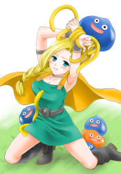 Rule 34 | 1girl, armpits, arms up, bianca (dq5), blonde hair, blue eyes, blush, boots, braid, breasts, cape, dragon quest, dragon quest v, hair over shoulder, healslime, large breasts, long hair, ooshima towa, open mouth, restrained, single braid, slime (dragon quest), square enix, tentacles