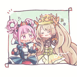 Rule 34 | 2girls, blonde hair, bow, butterfly hair ornament, celine (fire emblem), closed mouth, crown, dress, dress bow, facial mark, fire emblem, fire emblem engage, folded twintails, hair flaps, hair ornament, hair rings, heart, heart facial mark, hortensia (fire emblem), multiple girls, nintendo, no kya, orange gemstone, orange wristband, princess, striped clothes, two-tone pantyhose, vertical-striped clothes, wrist bow, yellow dress