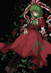 Rule 34 | 1girl, black background, black footwear, boots, bow, closed mouth, collar, dress, floral background, flower, green eyes, green hair, hair bow, highres, holding, kagiyama hina, kerok (joniko1110), leaf, looking at viewer, lying, medium hair, one-hour drawing challenge, puffy short sleeves, puffy sleeves, red bow, red dress, red flower, red rose, red sleeves, rose, short sleeves, solo, touhou, white collar