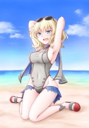 Rule 34 | 1girl, adapted costume, anklet, armpits, arms behind head, arms up, badge, beach, black-framed eyewear, blonde hair, blue capelet, blue eyes, blue sky, braid, breasts, buttons, capelet, casual one-piece swimsuit, cloud, colorado (kancolle), covered collarbone, covered navel, day, double-breasted, eyewear on head, full body, grey capelet, grey one-piece swimsuit, groin, halterneck, highleg, highleg swimsuit, highres, horizon, jewelry, kantai collection, kneeling, knees together feet apart, medium breasts, medium hair, meihemu, military, military uniform, ocean, on ground, one-piece swimsuit, open mouth, outdoors, pinstripe pattern, red footwear, sandals, side braids, sky, smile, solo, star (symbol), star print, striped, sunglasses, swimsuit, swimsuit skirt, taut clothes, taut swimsuit, thighs, turtleneck, uniform, water, wavy hair