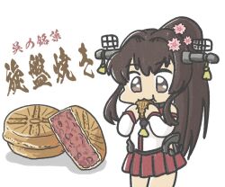 Rule 34 | 1girl, brown hair, cherry blossoms, commentary request, cowboy shot, eating, ferret-san, headgear, kantai collection, long hair, pleated skirt, ponytail, red skirt, simple background, skirt, solo, standing, translation request, white background, yamato (kancolle)