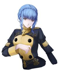 Rule 34 | 1girl, blue hair, blunt bangs, braid, breasts, buttons, closed mouth, cropped torso, crown braid, double-breasted, epaulettes, eyelashes, fire emblem, fire emblem: three houses, garreg mach monastery uniform, grey eyes, highres, igusaharu, juliet sleeves, leaning to the side, light smile, long sleeves, looking at viewer, marianne von edmund, medium breasts, military uniform, nintendo, puffy sleeves, short hair with long locks, simple background, solo, uniform, white background