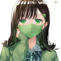 Rule 34 | 1girl, absurdres, black bow, bow, bowtie, brown hair, cardigan, collarbone, collared shirt, colored inner hair, commentary request, diagonal-striped bow, diagonal-striped bowtie, diagonal-striped clothes, diagonal-striped neckwear, green cardigan, green eyes, green hair, green theme, hair ornament, hairclip, hand on own cheek, hand on own face, hand up, highres, long sleeves, looking at viewer, mask, medium hair, mouth mask, multicolored hair, original, portrait, shirt, signature, simple background, sleeves past wrists, solo, striped bow, striped bowtie, striped clothes, striped neckwear, takenoko no you, white background, wing collar