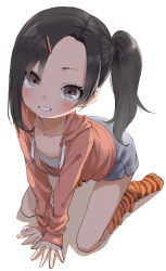 Rule 34 | 1girl, absurdres, blue shorts, blush, brown eyes, clenched teeth, collarbone, commentary request, copyright request, full body, hair ornament, hairclip, highres, jacket, kneeling, long sleeves, looking at viewer, orange socks, red jacket, shorts, side ponytail, simple background, smile, socks, solo, striped clothes, striped socks, teeth, white background, yamamoto souichirou