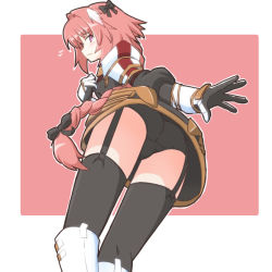 Rule 34 | 1boy, armor, ass, astolfo (fate), atair, black panties, black thighhighs, blush, boots, bow, braid, bulge, dress, fate/apocrypha, fate/grand order, fate (series), from behind, from below, garter straps, gauntlets, gloves, hair bow, hair intakes, long hair, looking down, male focus, multicolored hair, panties, pink hair, purple eyes, short dress, single braid, solo, thighhighs, thighs, trap, two-tone hair, underwear, upskirt, very long hair, white hair