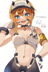 Rule 34 | 3girls, :d, abs, armband, bandaid, bandaid on cheek, bandaid on face, bare shoulders, black choker, black pants, blonde hair, blue eyes, blush, breasts, choker, cleavage, collarbone, commentary request, cowboy shot, drake (nikke), ear piercing, earpiece, gloves, goddess of victory: nikke, hair between eyes, hand on own hip, hand up, highres, laplace (nikke), looking at viewer, matis (nikke), maxwell (nikke), medium breasts, multiple girls, multiple piercings, navel, open mouth, pants, piercing, shimada (smd dms), short hair, short hair with long locks, sidelocks, simple background, smile, solo focus, sports bra, standing, stomach, teeth, translation request, two-tone gloves, upper teeth only, visor cap, white background, white gloves, white sports bra, yellow armband