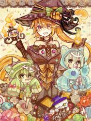Rule 34 | 3girls, akikazekinoko, bare shoulders, bow, candy, candy cane, chandelure, chibi, creatures (company), food, game freak, gen 5 pokemon, green hair, happy halloween, hat, hat bow, hat ribbon, jack-o&#039;-lantern, litwick, multiple girls, nintendo, open mouth, orange hair, pokemon, pokemon (creature), reuniclus, ribbon, short hair, staff, witch hat, wrapped candy