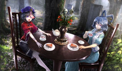 Rule 34 | 2girls, black hair, black skirt, blouse, blue dress, blue eyes, blue hair, cabbie hat, chair, cup, dress, flower, food, fork, frilled skirt, frills, grass, graveyard, hair ornament, hair rings, hair stick, hat, highres, holding, holding cup, kaku seiga, long dress, looking at viewer, miyako yoshika, multiple girls, neck ribbon, open mouth, outdoors, outstretched arms, pale skin, petals, pie, plant, plate, puffy short sleeves, puffy sleeves, purple eyes, revision, ribbon, ryosios, saucer, shirt, short hair, short sleeves, sitting, skirt, skull, smile, star (symbol), table, tea, tea party, teacup, teapot, tombstone, touhou, tree, vase, vest