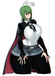 Rule 34 | 1girl, alternate breast size, alternate costume, alternate form, alternate hairstyle, antennae, belt, breasts, brooch, cape, closed eyes, collared shirt, curvy, green hair, hands on thighs, highres, jewelry, large breasts, looking at another, pantyhose, shirt, short hair, shorts, simple background, solo, spacezin, tall, tall female, thick thighs, thighs, toned, tongue, touhou, white background, white shirt, wide hips, wriggle nightbug