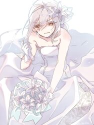 Rule 34 | 1girl, accelerator (toaru majutsu no index), albino, ambiguous gender, androgynous, bouquet, bridal veil, choker, collarbone, colored eyelashes, cowboy shot, dress, embarrassed, embroidery, flat chest, flower, gloves, hair between eyes, hair flower, hair ornament, hand up, holding, holding bouquet, lily (flower), limited palette, looking away, pale skin, pepo peropero, pixie cut, red eyes, short hair, sidelocks, sitting, solo, suzushina yuriko, sweatdrop, toaru majutsu no index, veil, wedding dress, white background, white choker, white dress, white gloves, white hair